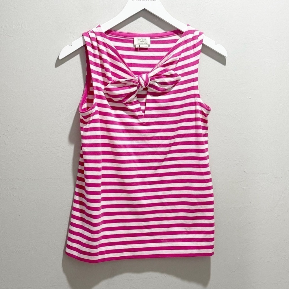 KATE SPADE Women’s Pink White Stripe Bow Front Peek A Boo Front Tank Size Small